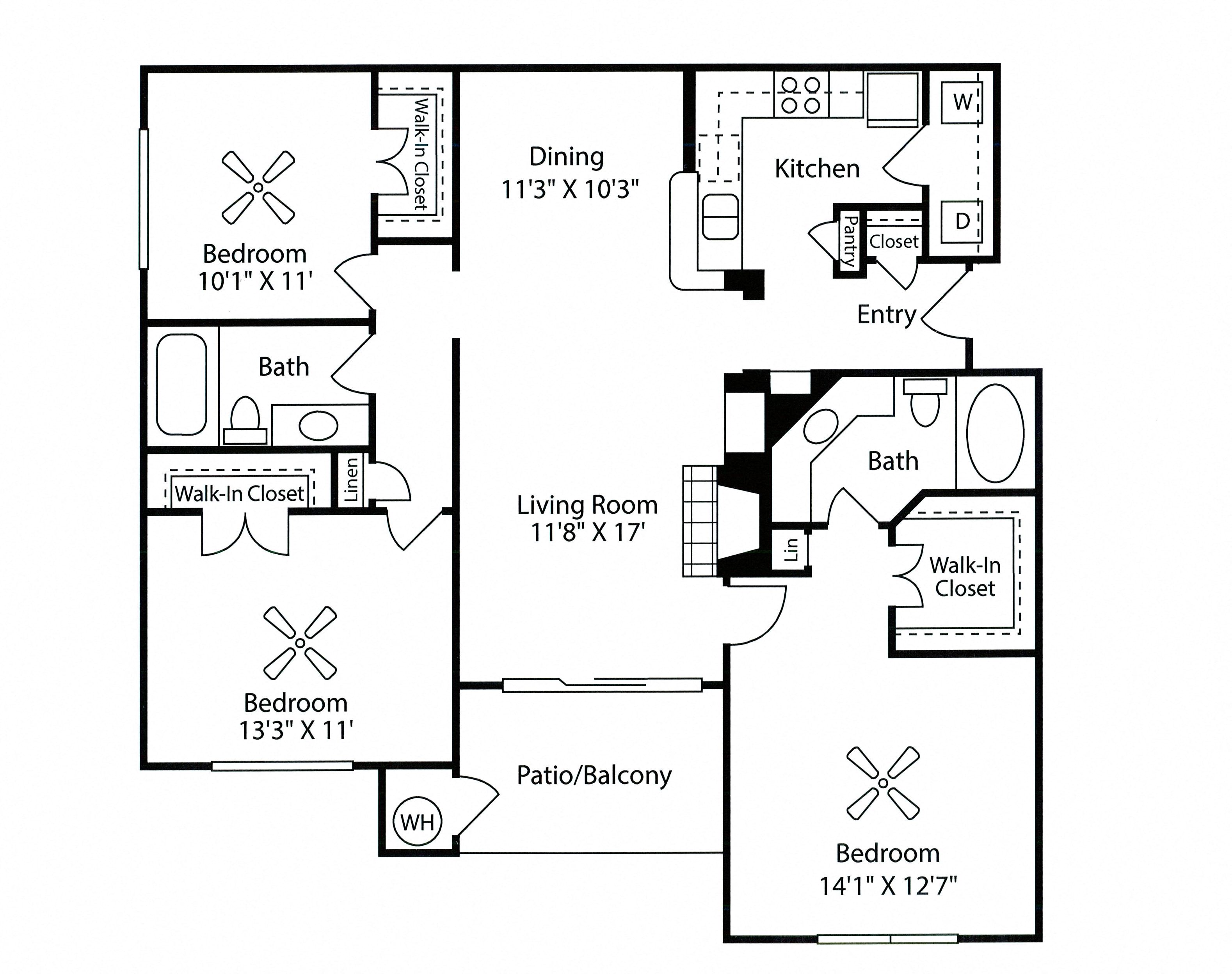 Floor plan for 3 beds, 2 baths, 1269 sqft